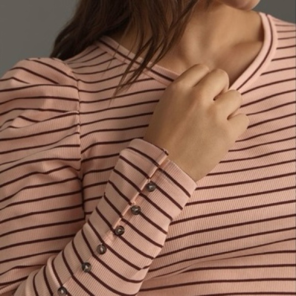 Maeve Anthropologie Classic Cotton Striped Ribbed Puff Sleeve Blouse Size Medium - Picture 8 of 12